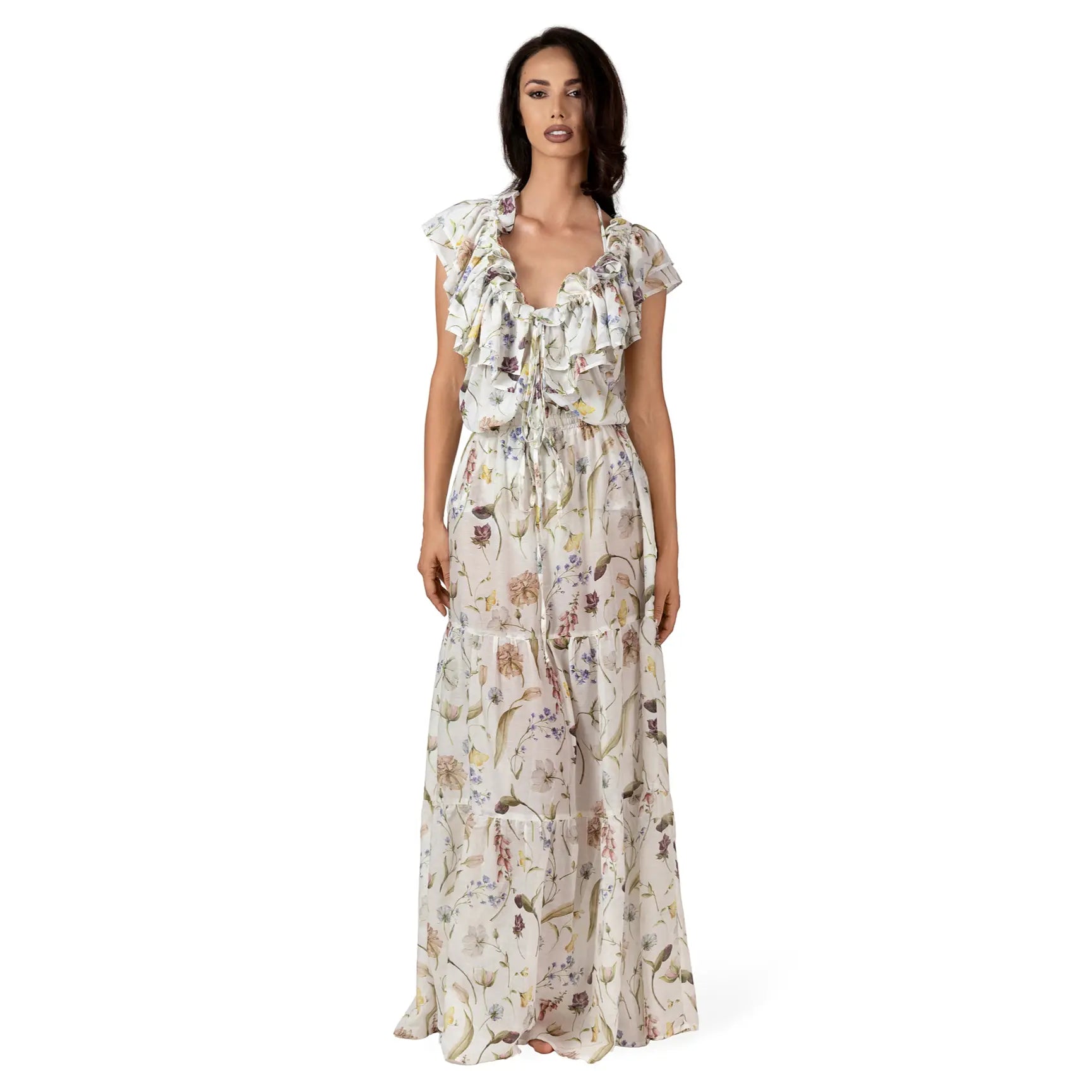 JARDIN Long Skirt in multicoloured floral print, luxury maxi resort skirt crafted from silk and cotton chiffon with a flowing three-tiered silhouette and elegant feminine design by BILEYA COUTURE.