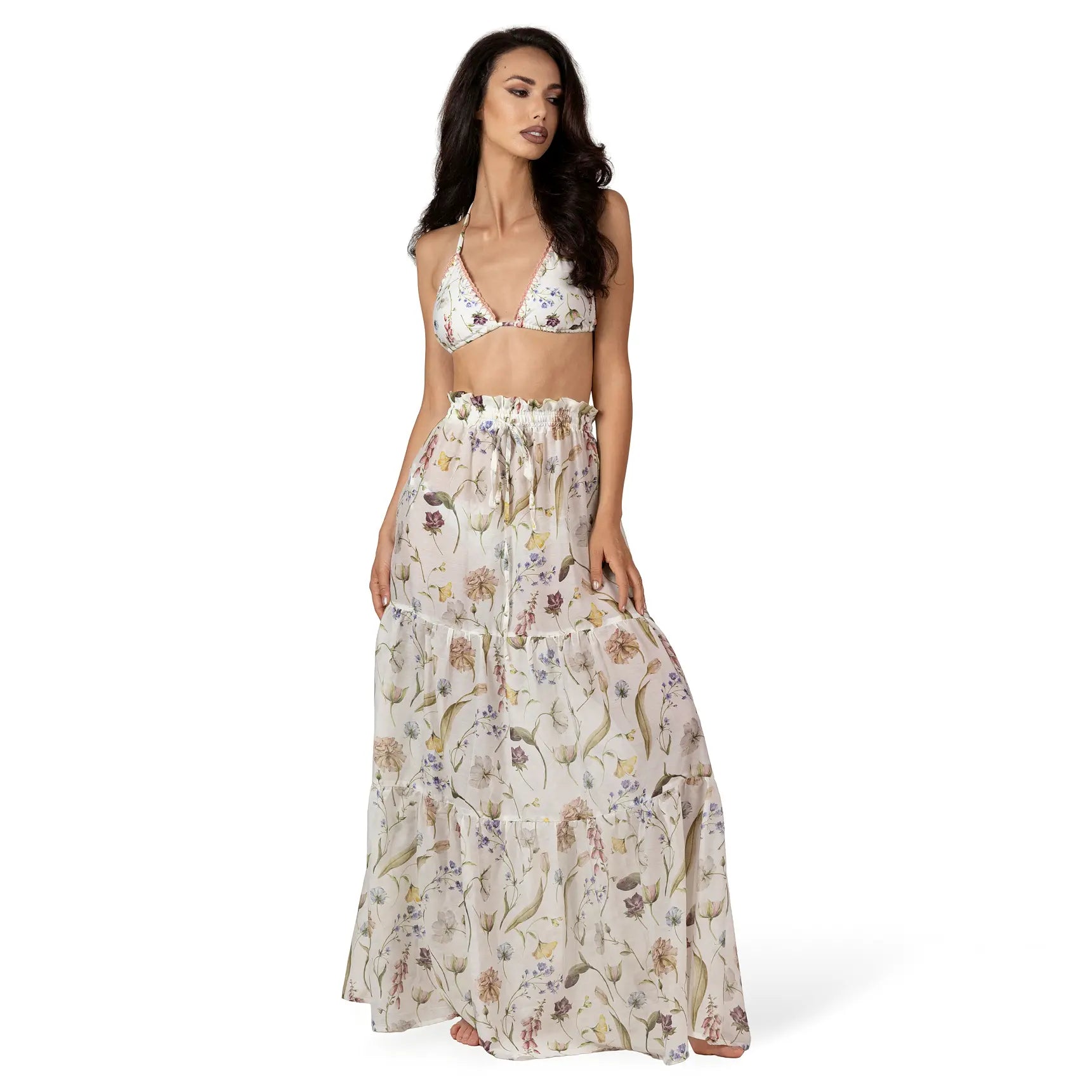 JARDIN Long Skirt in multicoloured floral print, luxury maxi resort skirt crafted from silk and cotton chiffon with a flowing three-tiered silhouette and elegant feminine design by BILEYA COUTURE.