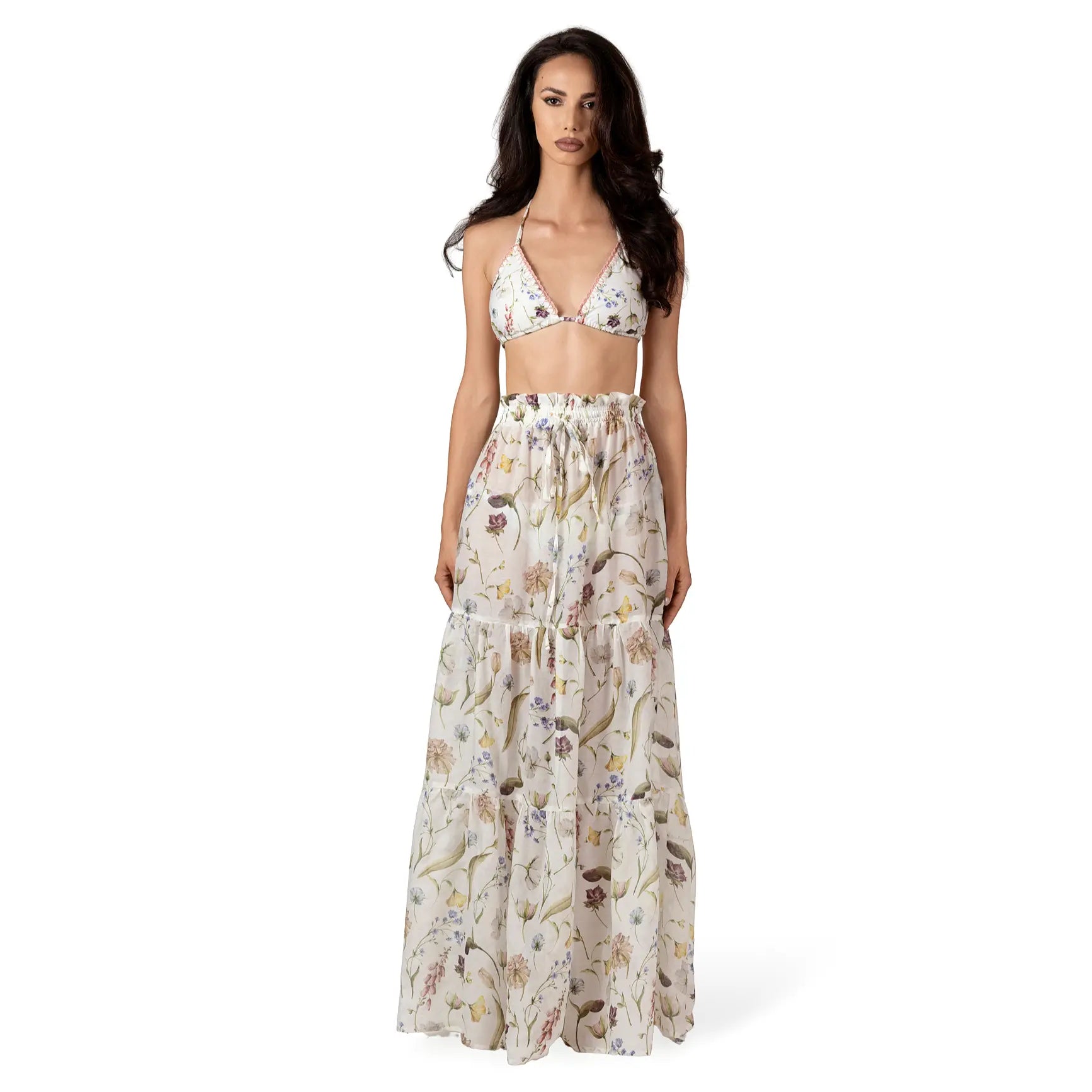 JARDIN Long Skirt in multicoloured floral print, luxury maxi resort skirt crafted from silk and cotton chiffon with a flowing three-tiered silhouette and elegant feminine design by BILEYA COUTURE.