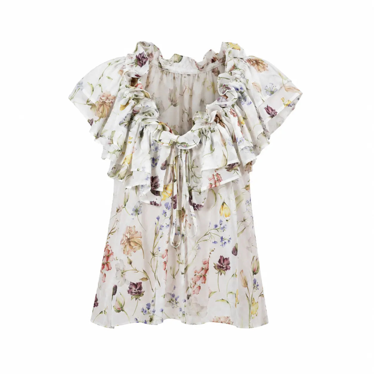 JARDIN White Sleeveless Resort Top by BILEYA COUTURE in floral silk chiffon with ruffle neckline on white background