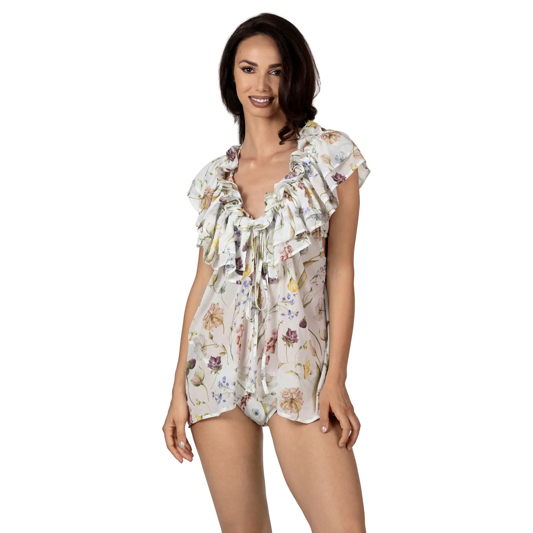 JARDIN White Sleeveless Resort Top by BILEYA COUTURE in luxury silk and cotton chiffon with floral print and ruffled neckline