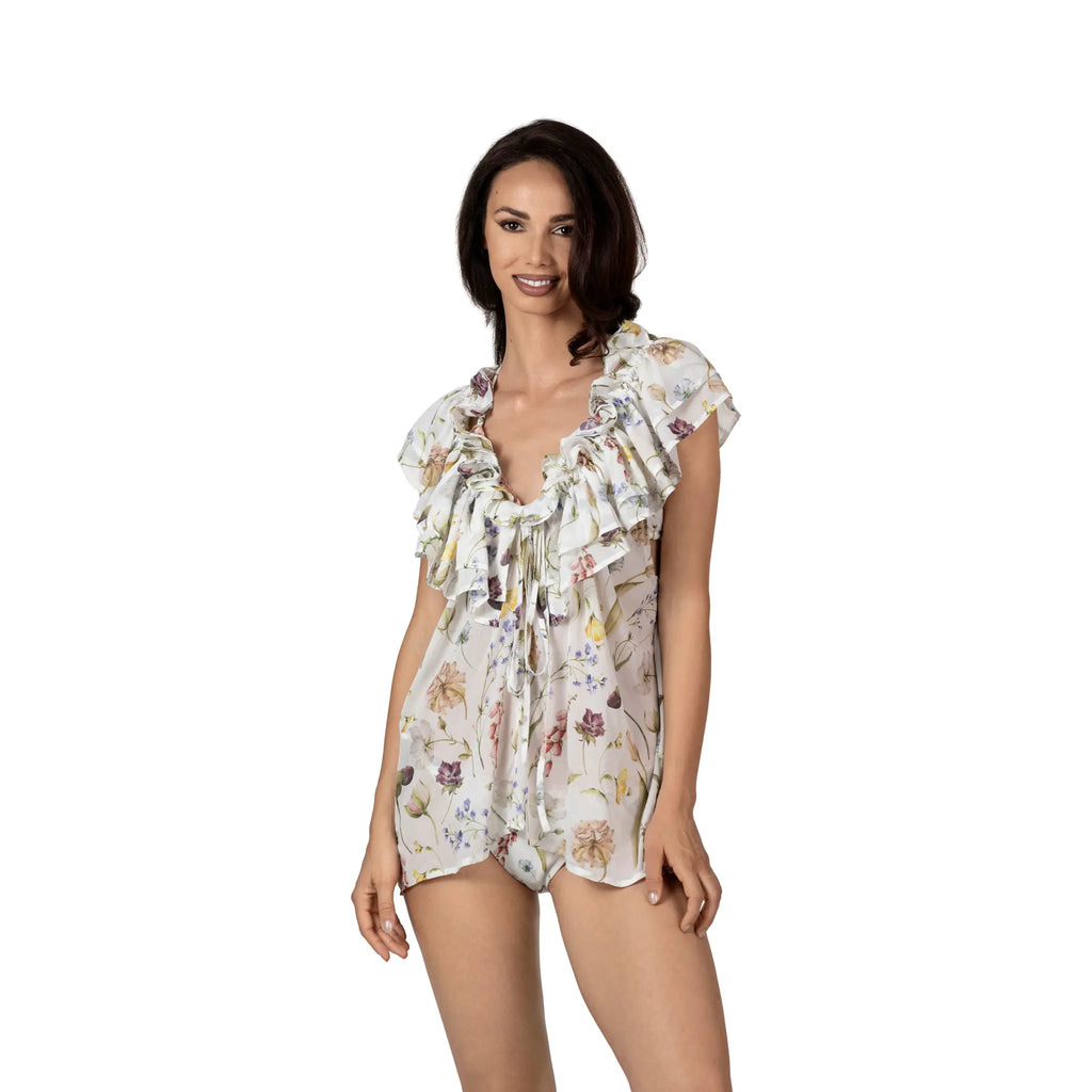 JARDIN White Sleeveless Resort Top by BILEYA COUTURE in luxury silk and cotton chiffon with floral print and ruffled neckline
