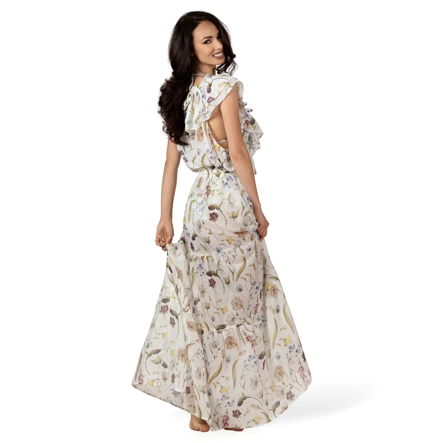 JARDIN White Sleeveless Resort Top by BILEYA COUTURE in luxury silk and cotton chiffon with floral print and ruffled neckline