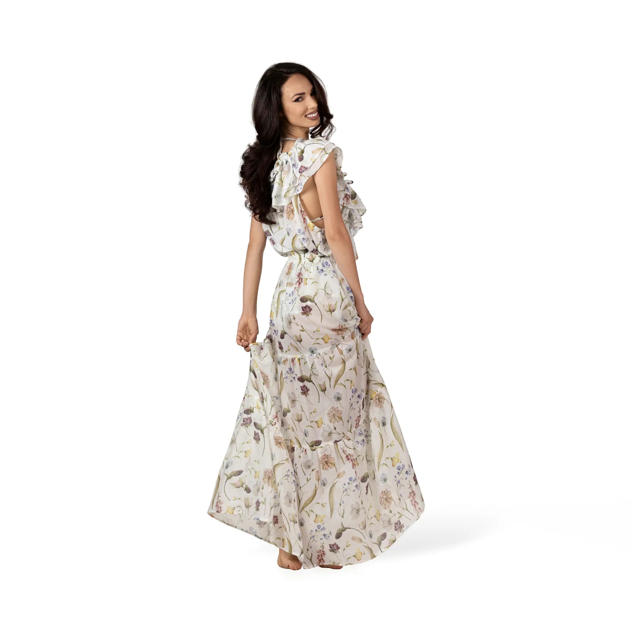 JARDIN White Sleeveless Resort Top by BILEYA COUTURE in luxury silk and cotton chiffon with floral print and ruffled neckline