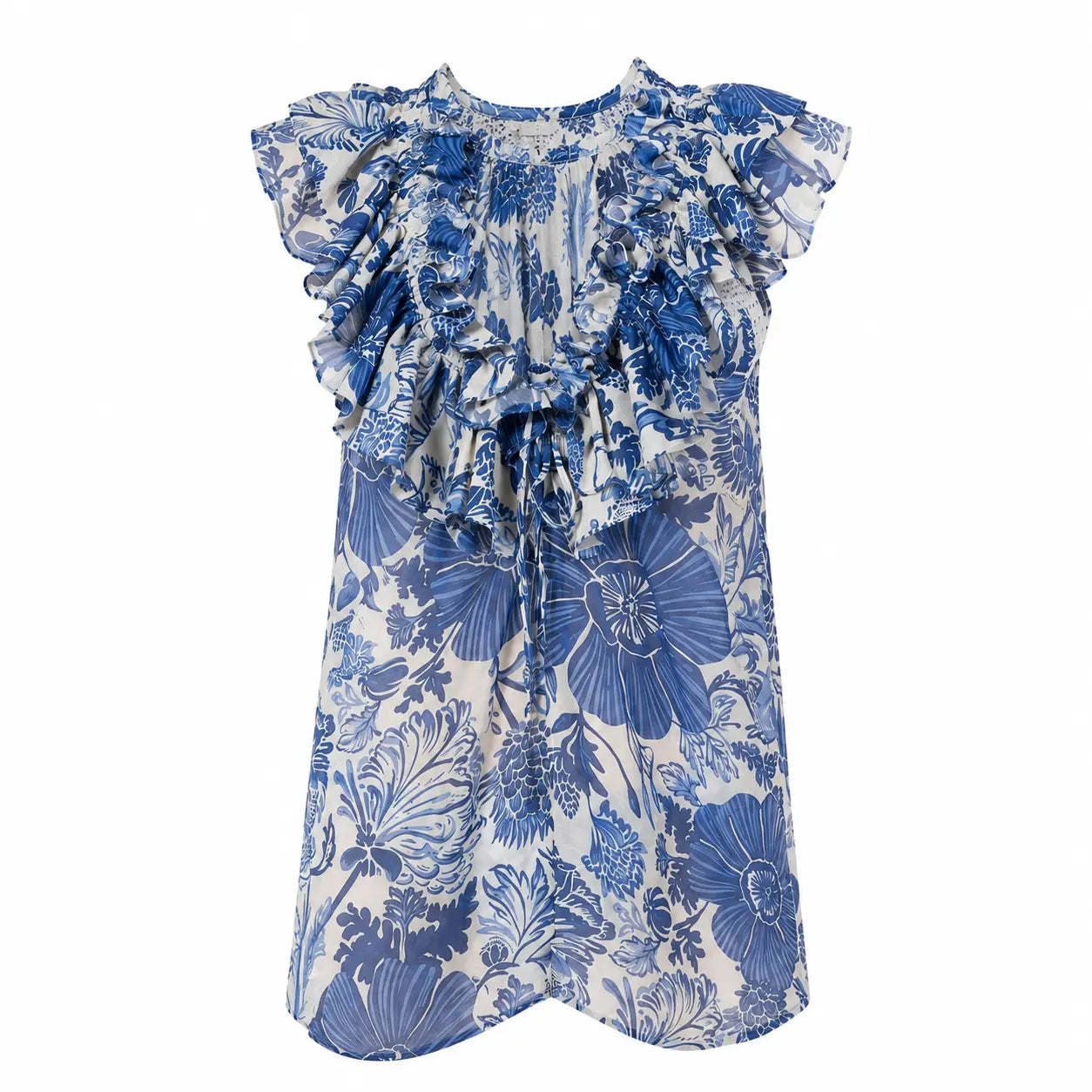MORGANA Blue Floral Chiffon Top by BILEYA COUTURE with ruffled neckline, silk and cotton fabric, and elegant resort wear design on white background.