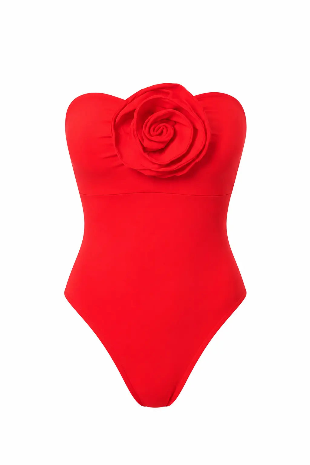 BILEYA COUTURE ROSETTA RED high-end luxury strapless one-piece swimsuit 3D front view with handmade rose
