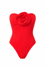 BILEYA COUTURE ROSETTA RED high-end luxury strapless one-piece swimsuit 3D front view with handmade rose