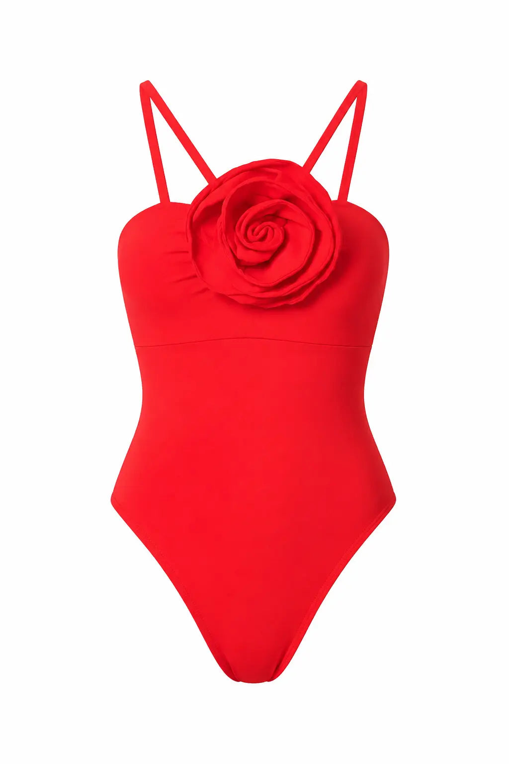 BILEYA COUTURE ROSETTA RED luxury designer one-piece swimsuit 3D front view with handmade rose and removable straps