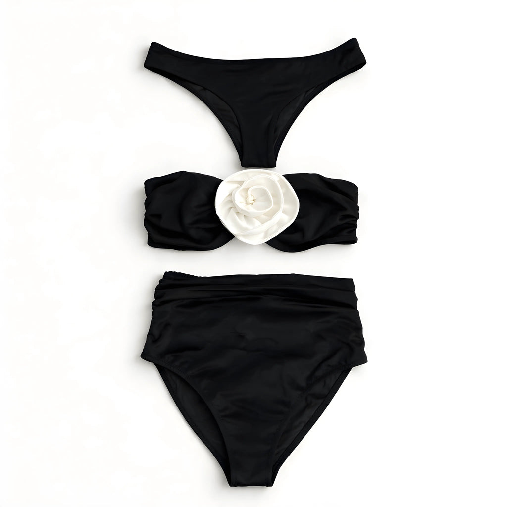 Black bikini set with a white flower design by bileya couture