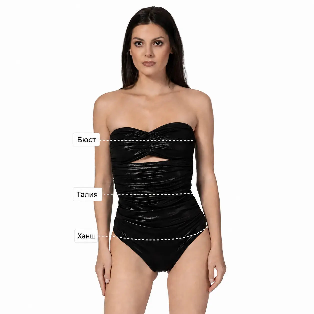 Woman wearing a black strapless swimsuit with labeled measurements on a white background