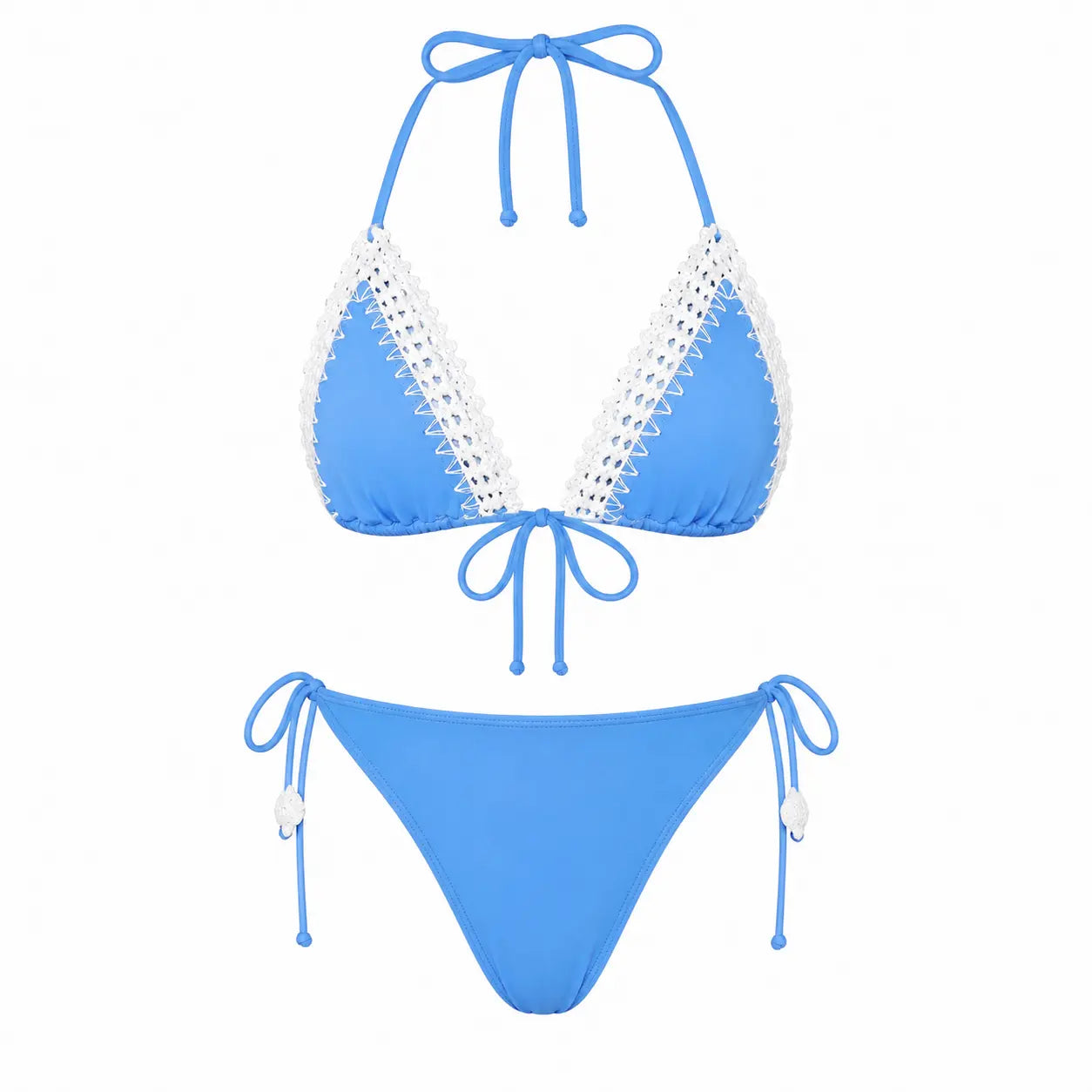 Blue bikini set with white lace details on a white background