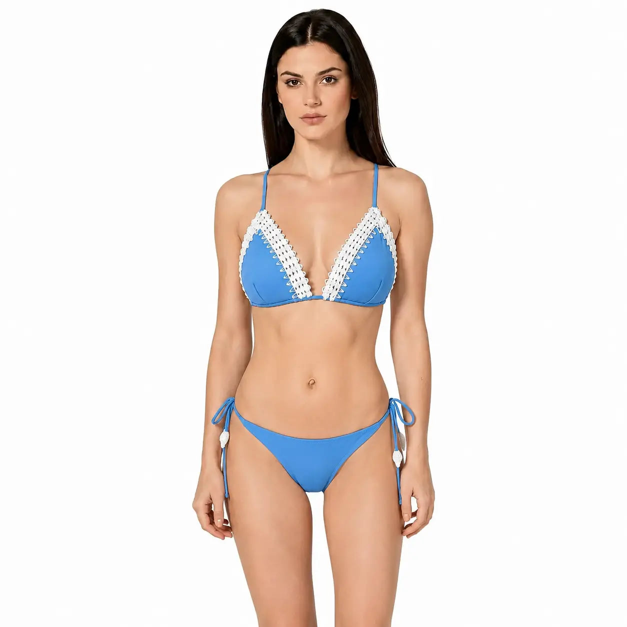 Woman wearing a blue bikini with white lace details by bileya couture