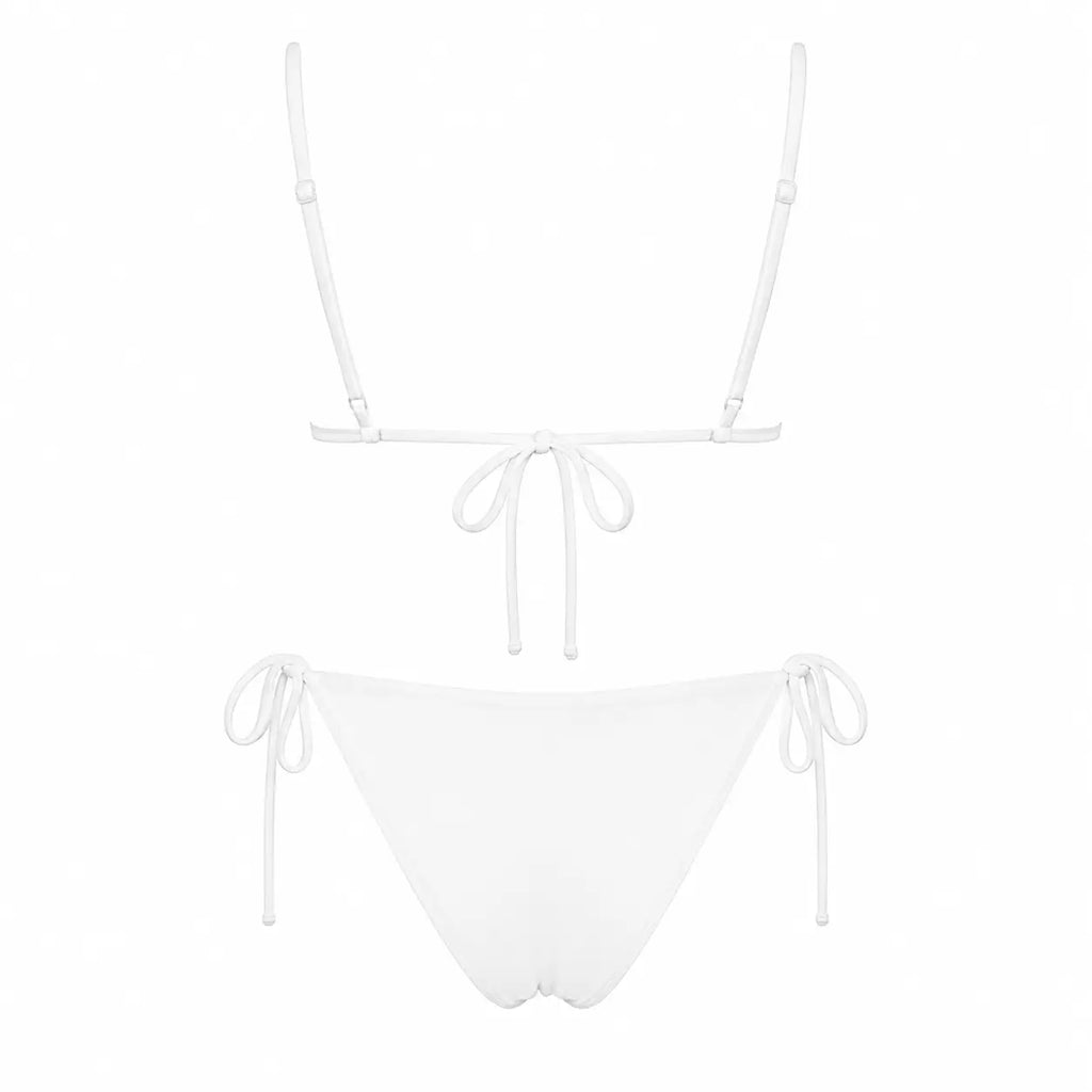 White bikini top and bottom set on a white background