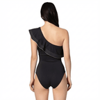 ALENA BLACK back view by BILEYA COUTURE – designer black one-piece swimsuit with flowing ruffle and luxury beachwear style