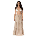 ALURE Beige Linen Long Skirt by BILEYA COUTURE – luxury beige linen maxi skirt with tiered silhouette and resort elegance