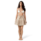 ALURE Beige boutique mini skirt by BILEYA COUTURE – elegant beige linen skirt with tiered design and resort elegance