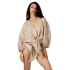 ALURE Beige boutique linen shirt by BILEYA COUTURE – elegant beige blouse with front tie and feminine resort style