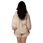 ALURE Beige Linen Shorts back view by BILEYA COUTURE – luxury boutique linen shorts with relaxed elegant silhouette