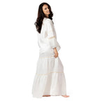 ALURE White linen set side view by BILEYA COUTURE – luxury white linen shirt and long skirt with feminine resort style