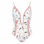 BILEYA COUTURE floral one-piece swimsuit with elegant plunge neckline and handcrafted coral accents