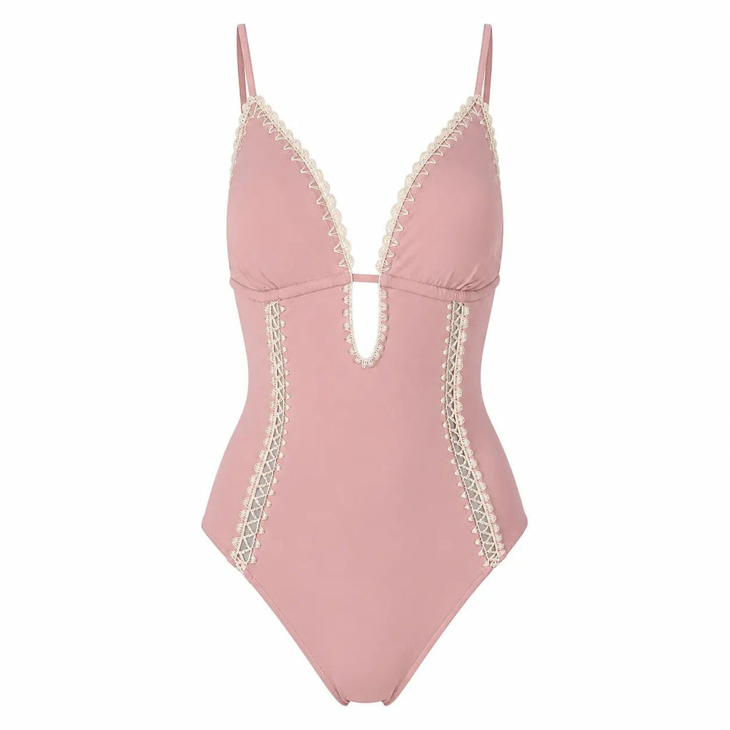 Front view of pink swimsuit with lace details by BILEYA COUTURE on a white background, luxury designer swimwear for women
