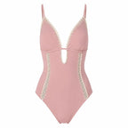 Front view of pink swimsuit with lace details by BILEYA COUTURE on a white background, luxury designer swimwear for women