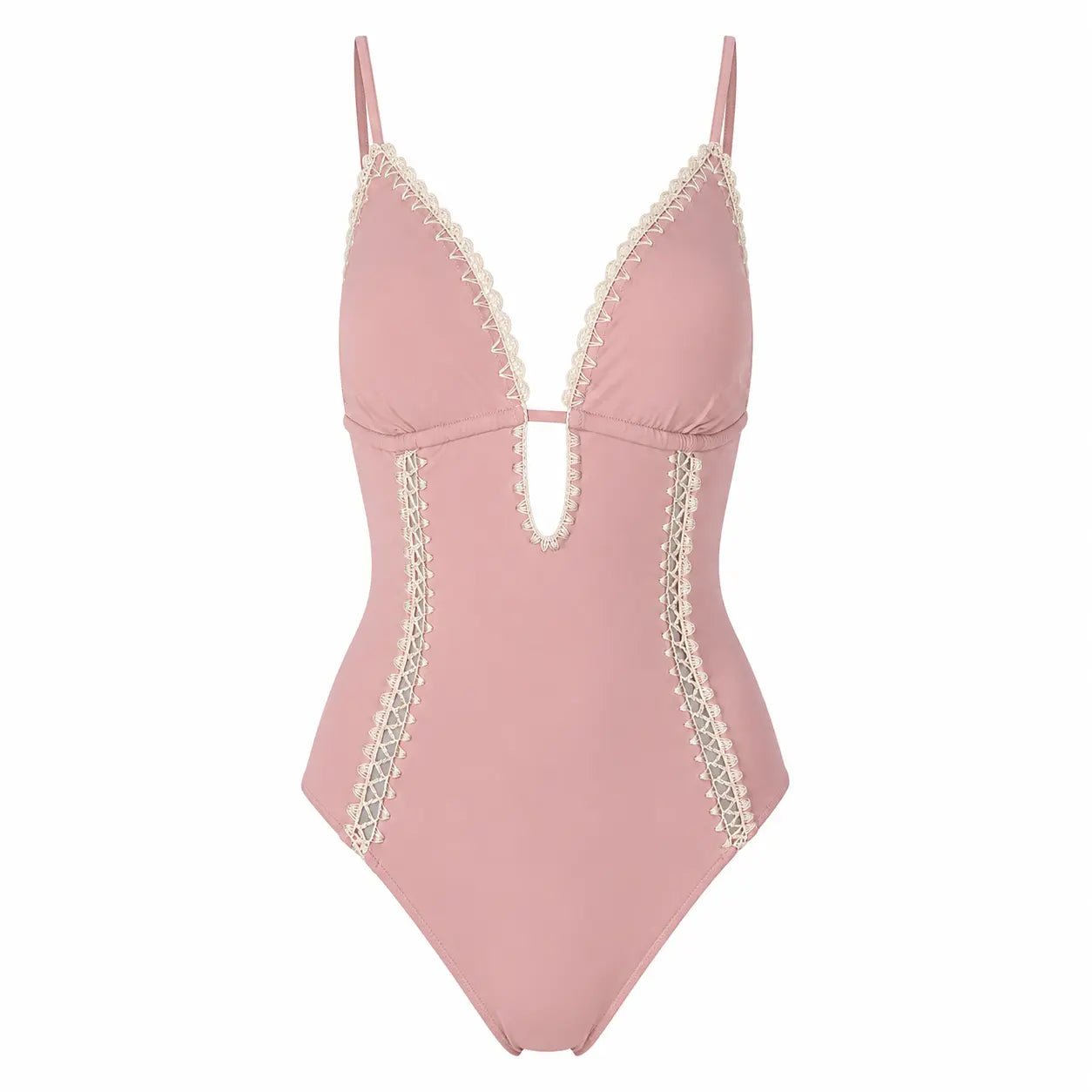 Front view of pink swimsuit with lace details by BILEYA COUTURE on a white background, luxury designer swimwear for women
