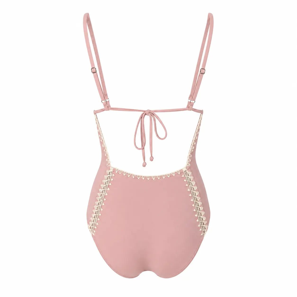 Back view of pink swimsuit with lace details by BILEYA COUTURE on a white background, luxury designer swimwear for women
