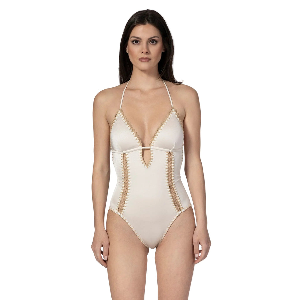 AMAYA COUTURE a beige one-piece swimsuit with lace details by BILEYA COUTURE