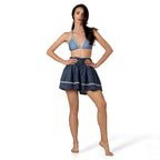 AMELIE DENIM luxury skort front view by BILEYA COUTURE – boutique cotton denim skort with ruffles and elegant silhouette