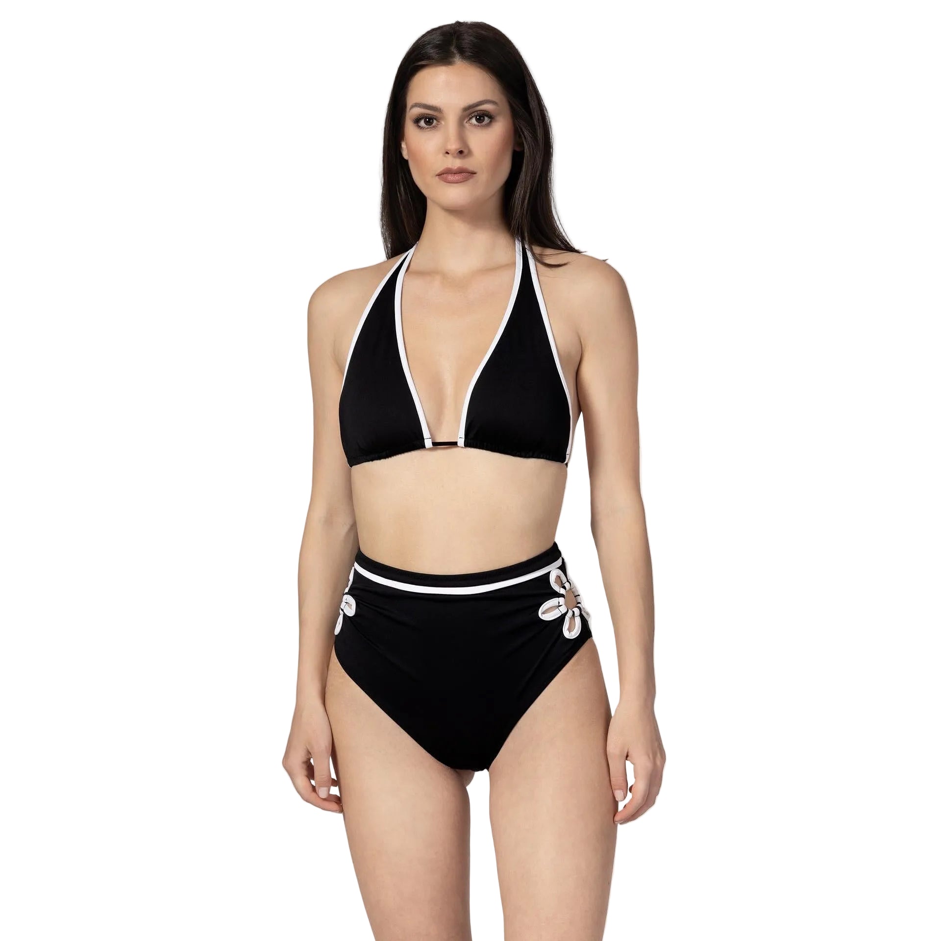 Woman wearing a black bikini with white accents on a white background