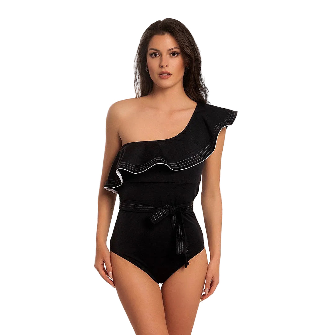 Woman wearing a black one-shoulder swimsuit with a brand logo in the background