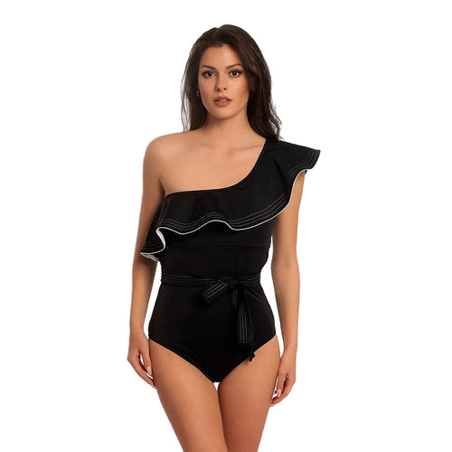 Woman wearing a black one-shoulder swimsuit with a brand logo in the background