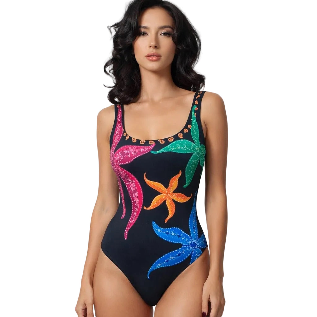 Woman wearing a colorful swimsuit with floral patterns on a white background