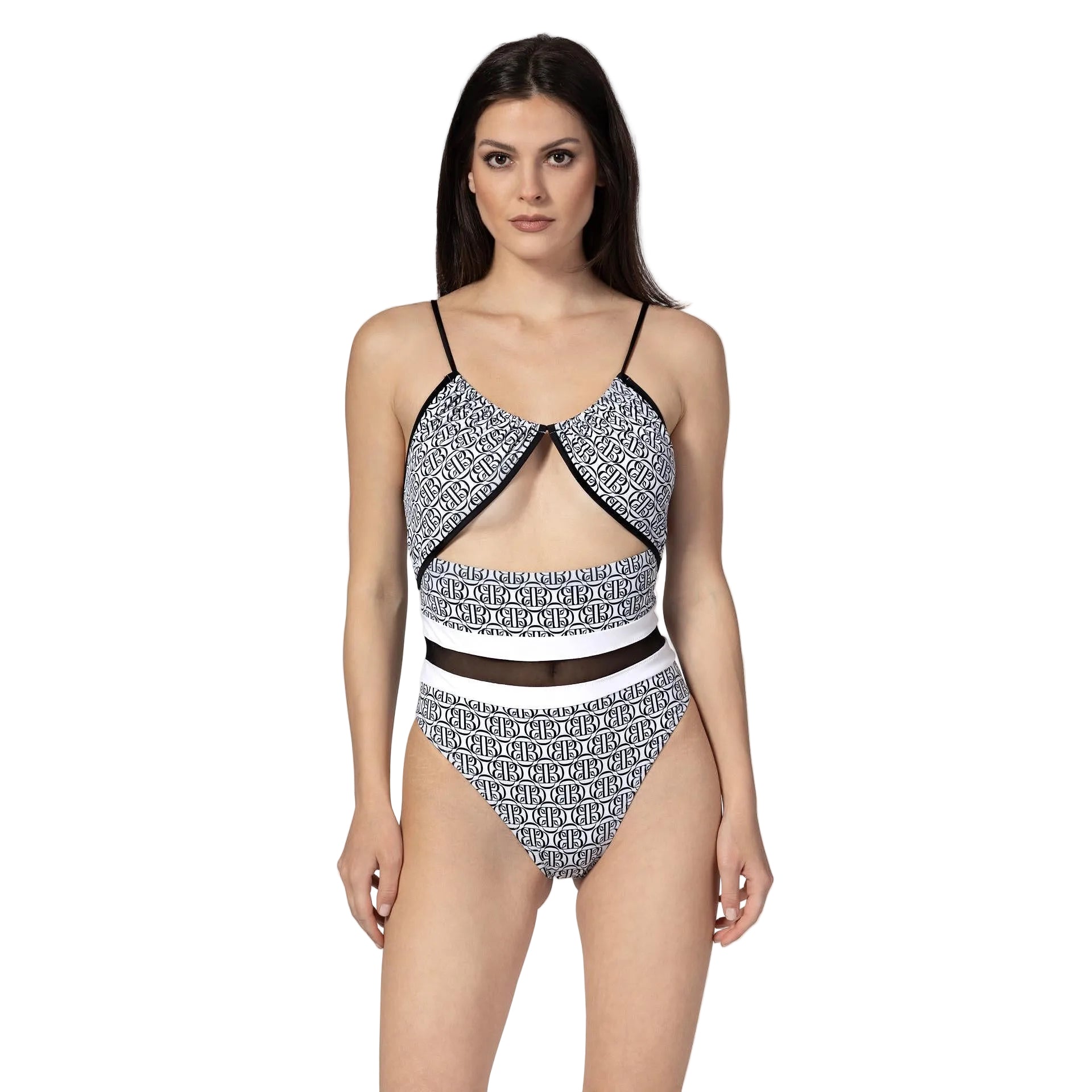 Woman wearing a patterned swimsuit on a white background