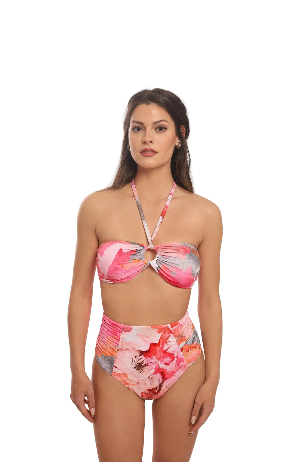 Woman wearing a floral bikini set on a white background