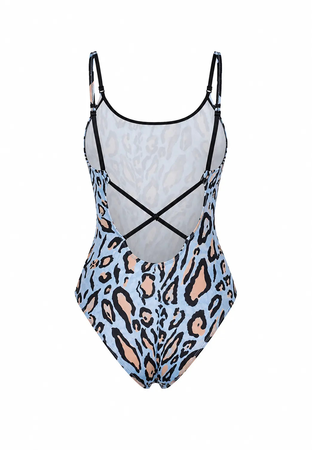BILEYA COUTURE designer blue leopard print one-piece swimsuit 3D back view with elegant open-back design.