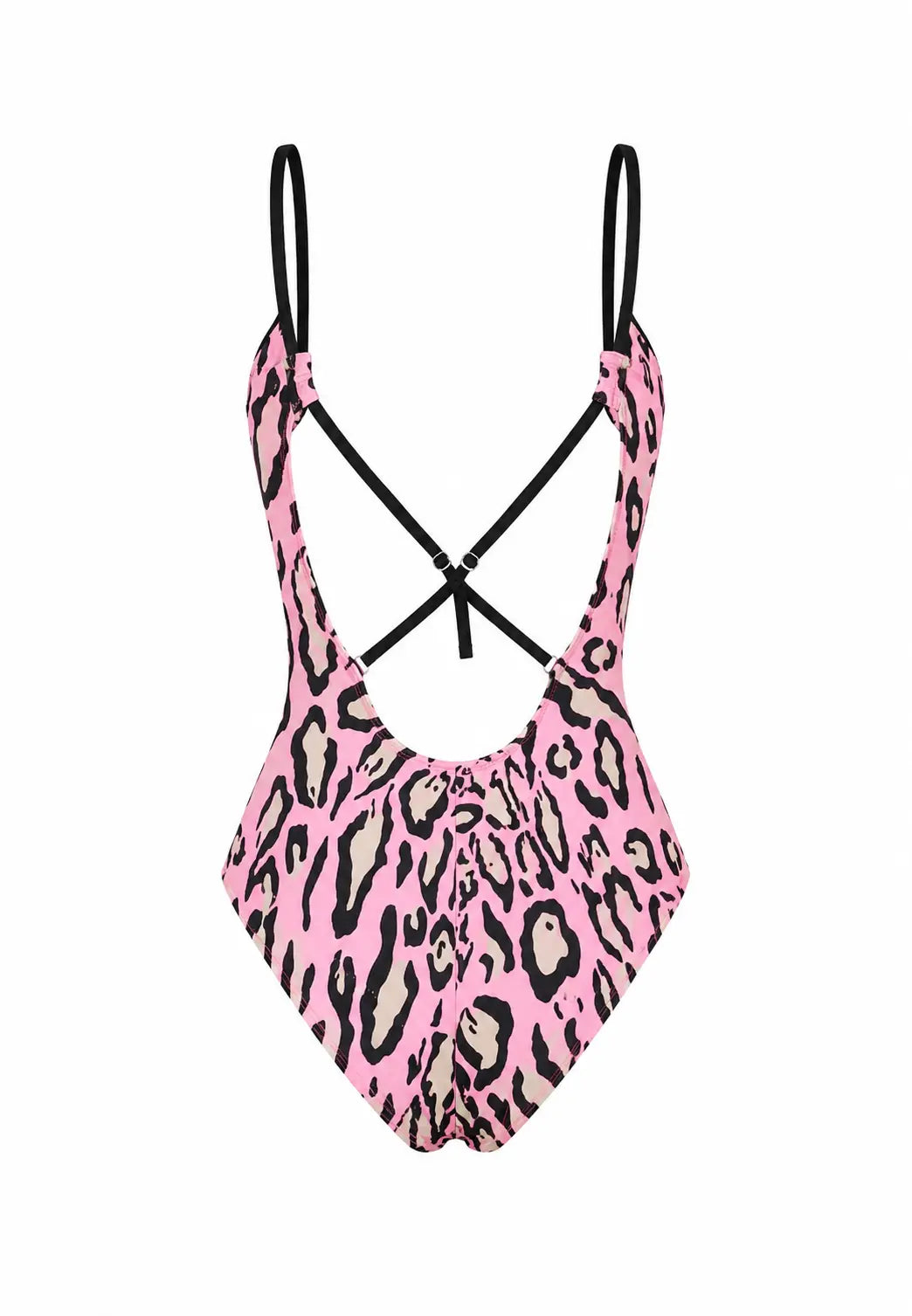 BILEYA COUTURE boutique pink leopard print one-piece swimsuit 3D back view with elegant open-back design.