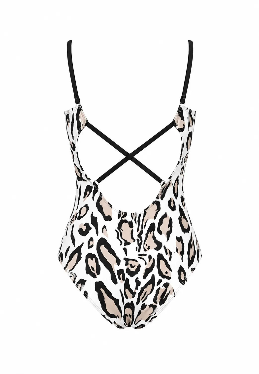 BILEYA COUTURE luxury leopard print one-piece swimsuit 3D back view with adjustable straps and open back.