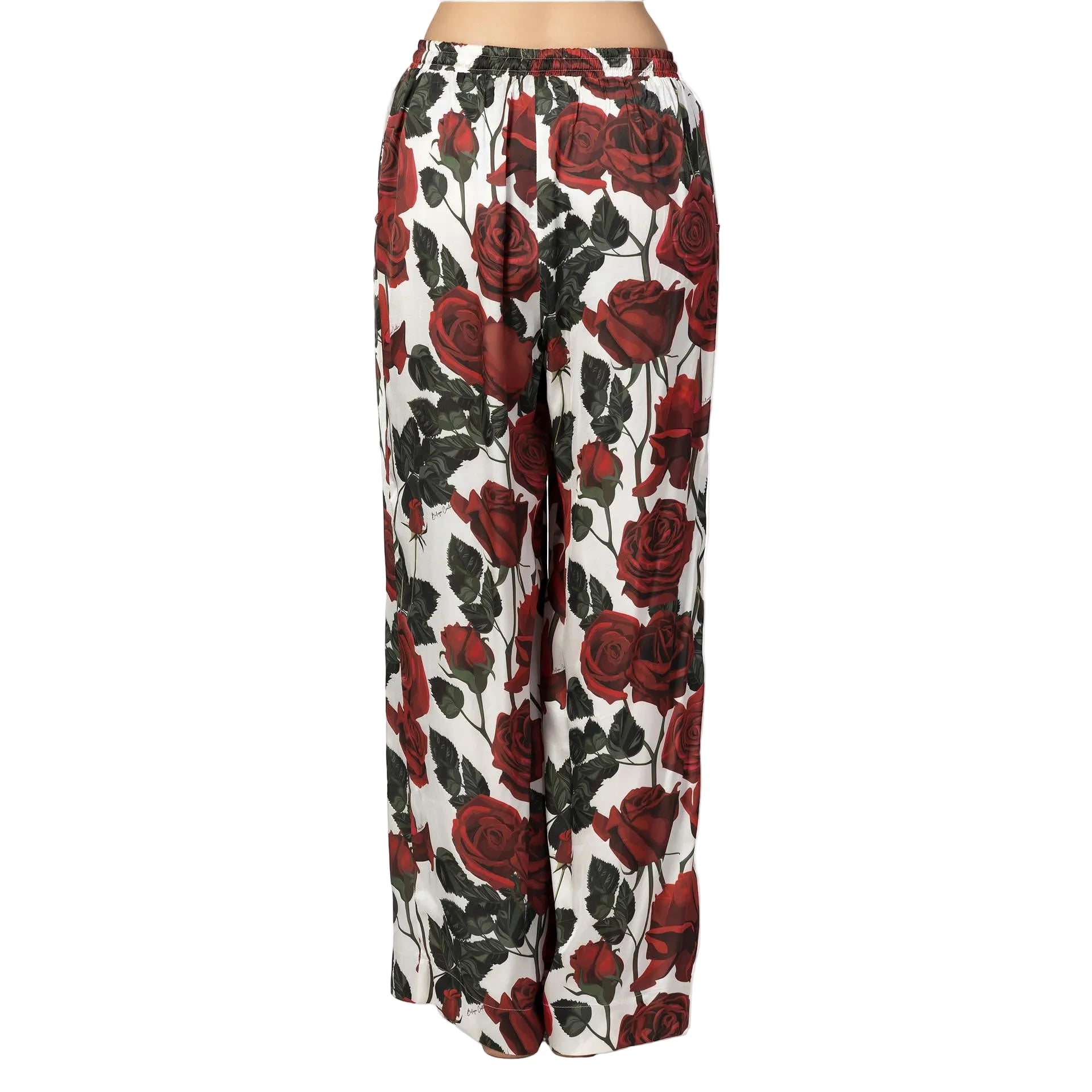 Floral pants with red roses on a white background
