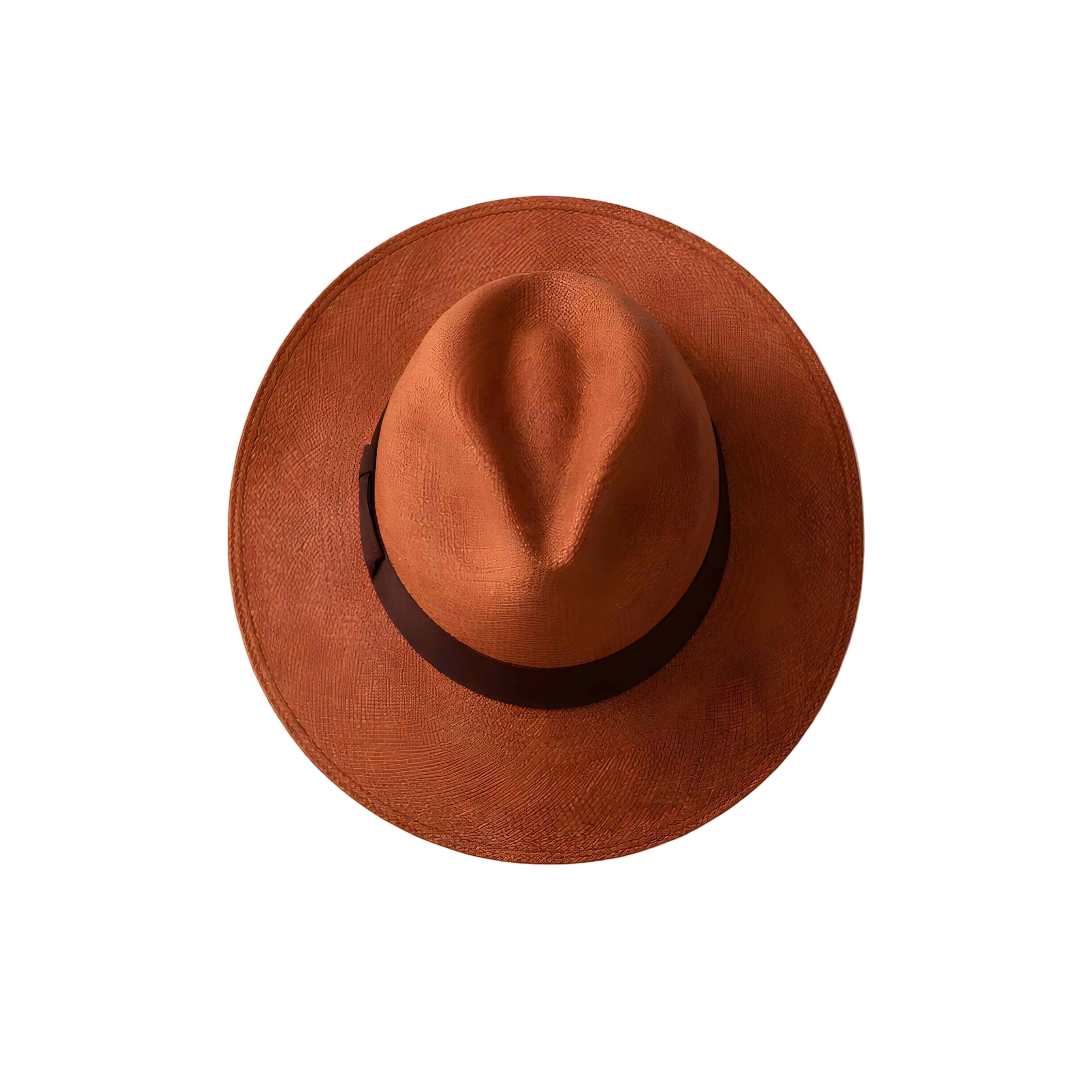Brown fedora hat with a black band on a white background
