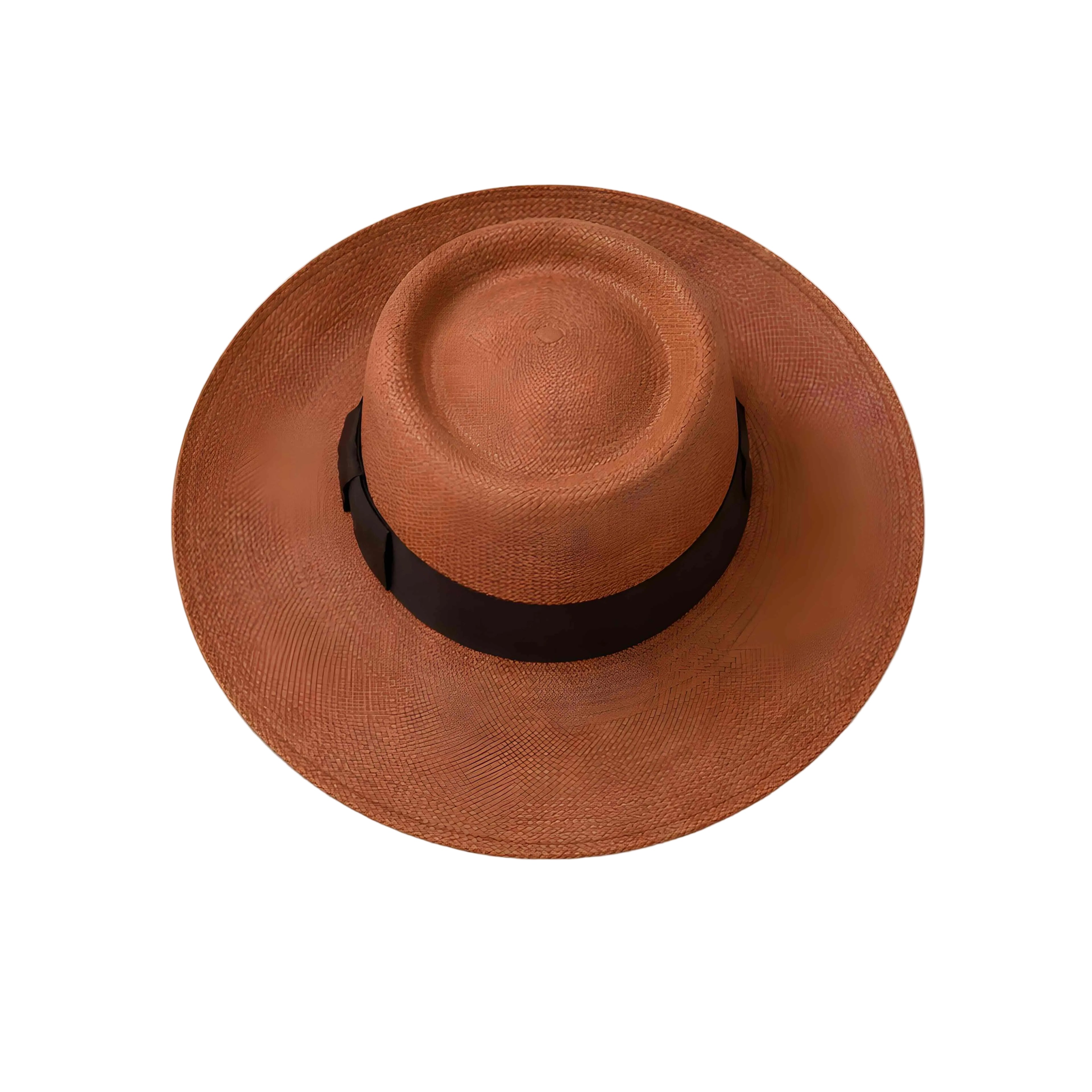 Brown straw hat with a black band on a white background