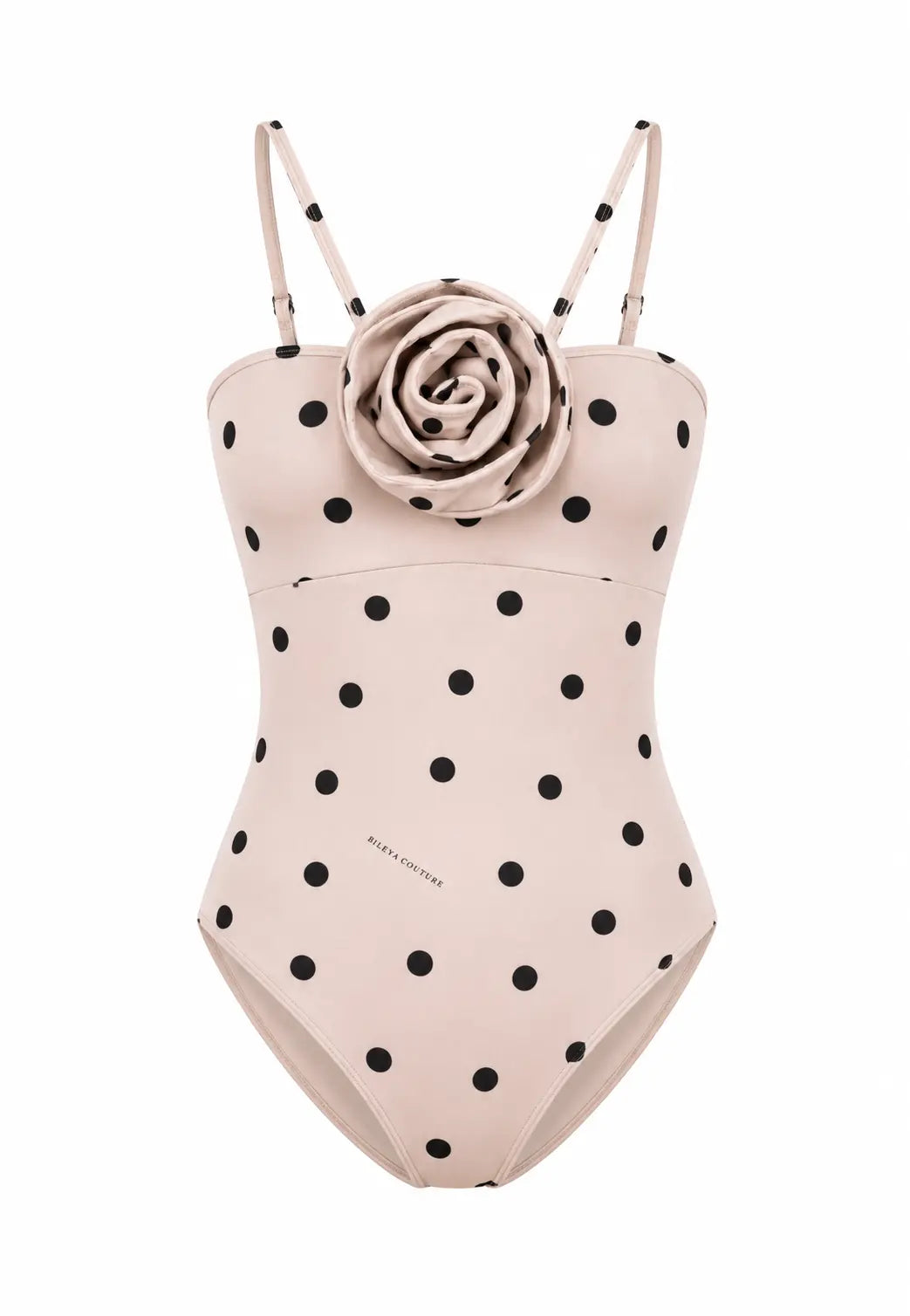 BILEYA COUTURE ROSETTA BEIGE high-end luxury designer one-piece swimsuit 3D front view with handmade rose