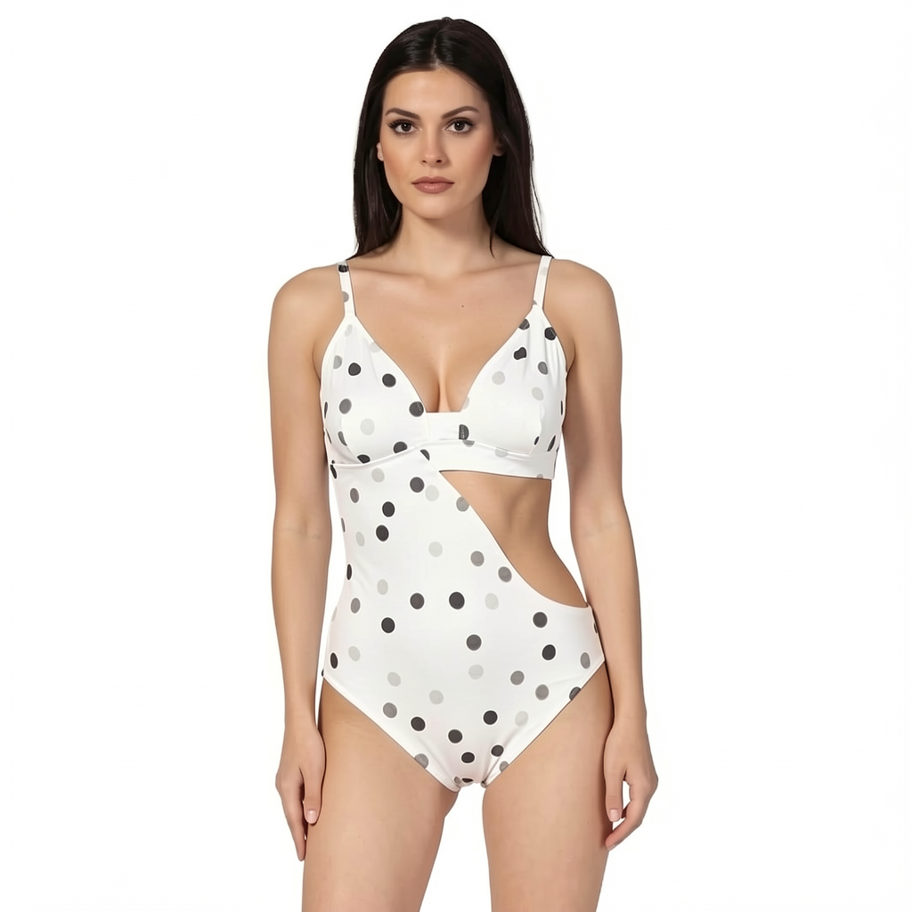 Woman wearing a white swimsuit with black polka dots on a white background