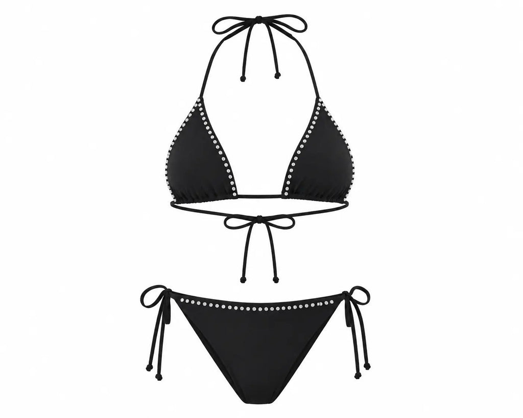 BILEYA COUTURE BLACK PEARL two-piece luxury bikini, handcrafted black triangle swimwear with genuine pearl details, front view