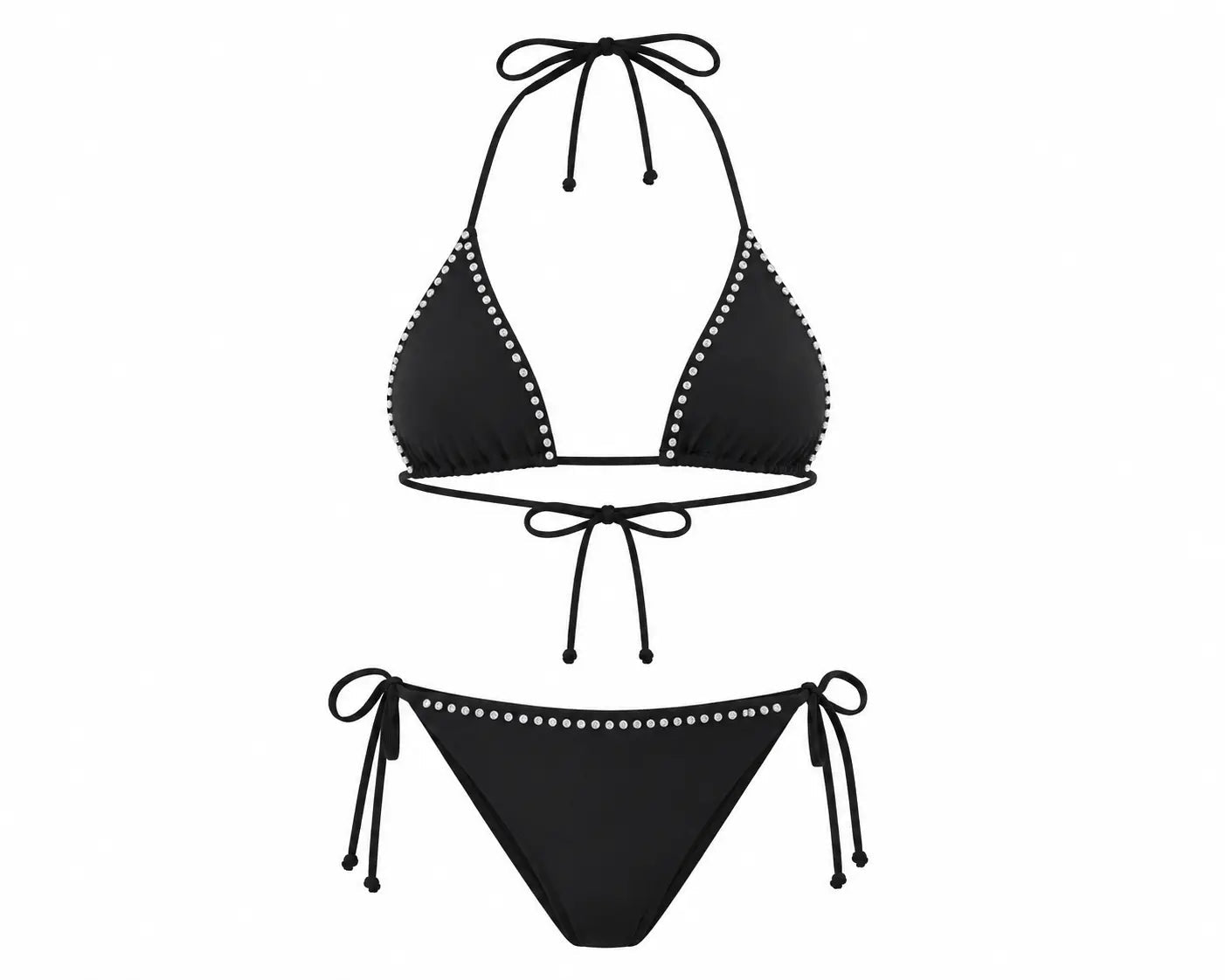 BILEYA COUTURE BLACK PEARL two-piece luxury bikini, handcrafted black triangle swimwear with genuine pearl details, front view