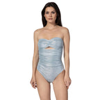 Front view of Blue Dream one-piece by BILEYA COUTURE, luxury blue swimsuit with elegant silhouette and refined