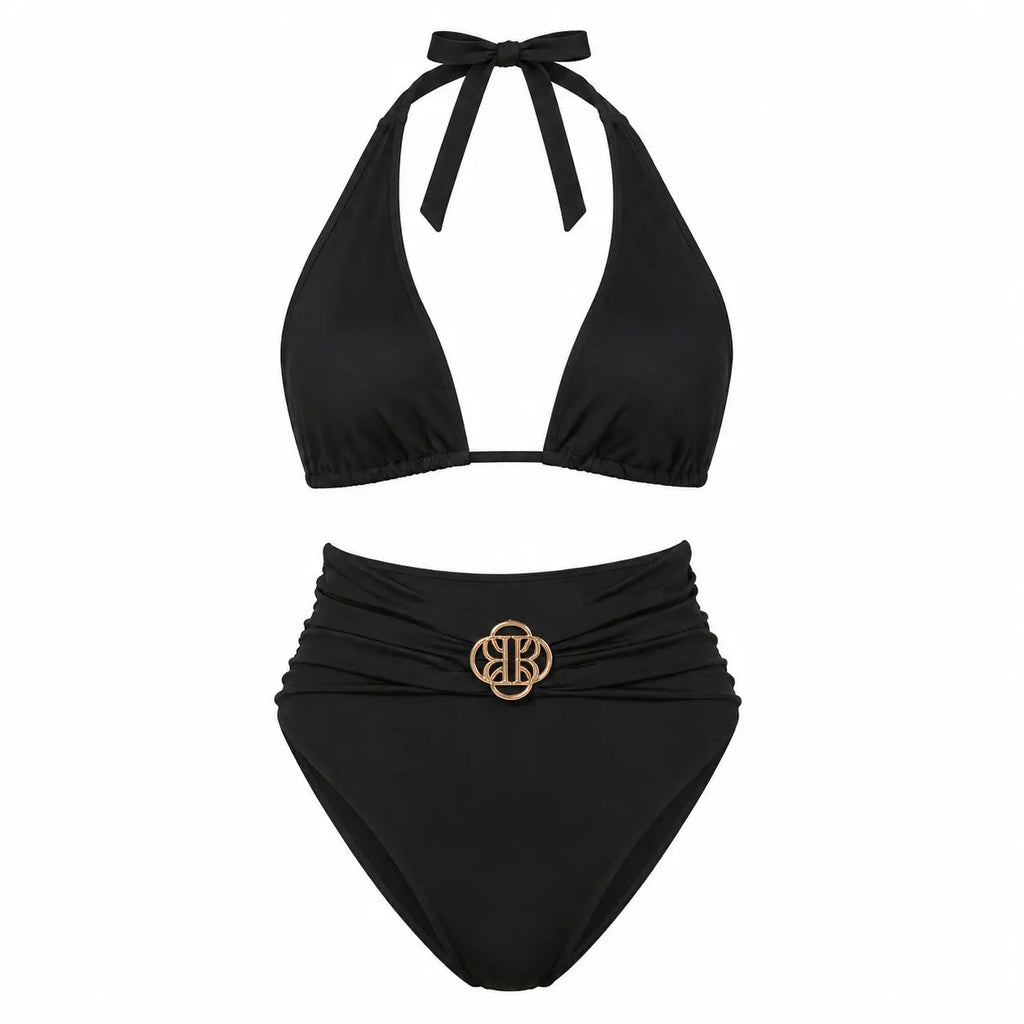 DONNA black two-piece luxury swimsuit 3D front view by BILEYA COUTURE high-end designer boutique swimwear