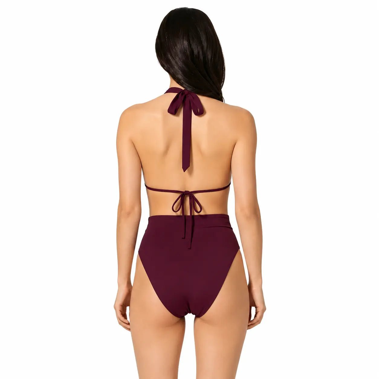 DONNA BURGUNDY back view by BILEYA COUTURE – designer burgundy two-piece swimsuit with luxury beachwear elegance