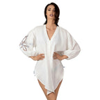 FIRA LINEN SHORT SHIRT WITH BRODERIE ANGLAISE SLEEVE - BILEYA COUTURE